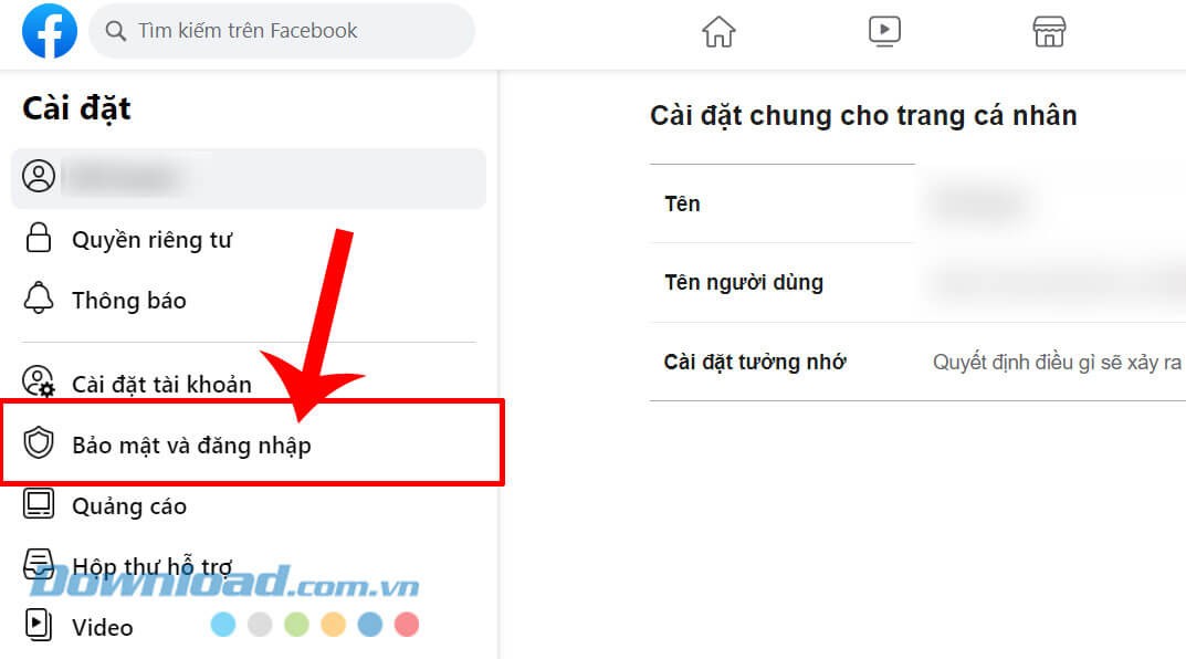 Click chuột vào mục Bảo mật và đăng nhập