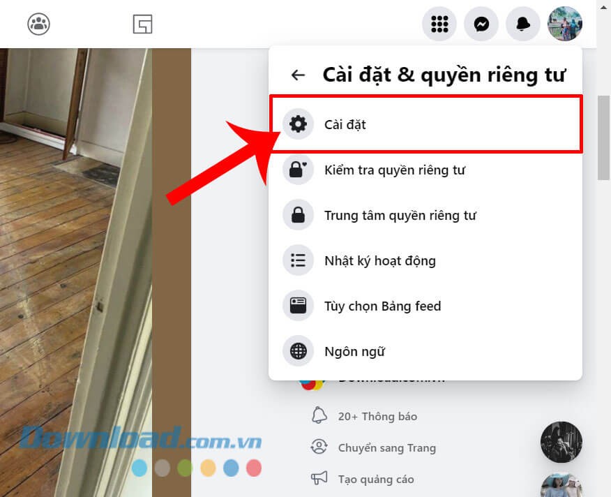 Nhấn vào mục Cài đặt
