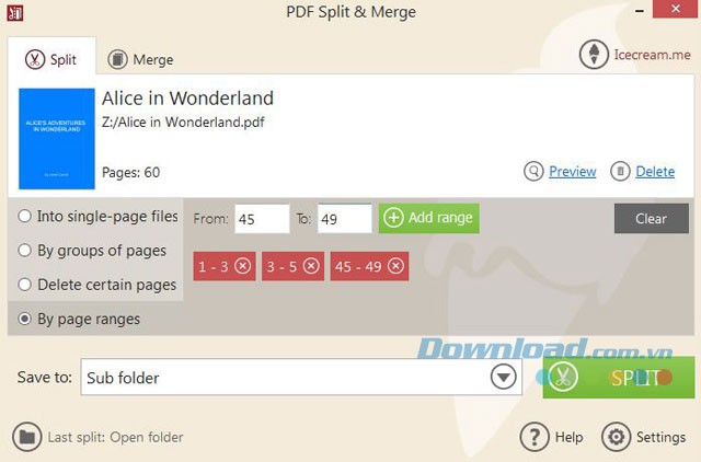 Các lựa chọn tách file