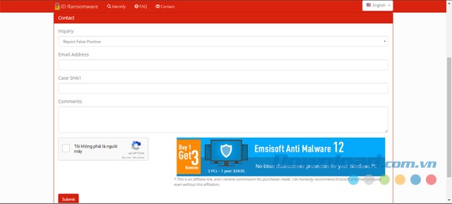Liên hệ với nhà phát triển của trang web ID Ransomware miễn phí
