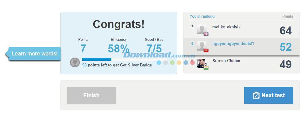 Thông báo kết quả người chơi IELTS Exam Vocabulary