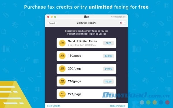 Người dùng có thể mua credit trực tiếp trên iFax cho Mac