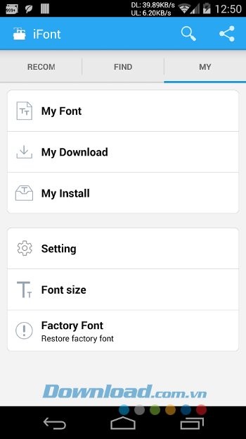 Menu ứng dụng iFont