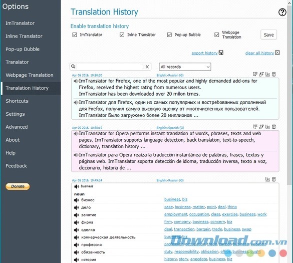 ImTranslator for Firefox lưu lịch sử dịch
