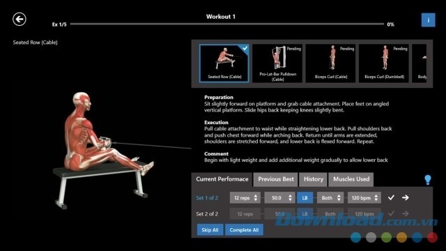 Lần lượt thực hiện các bài tập của ứng dụng tập thể dục iMuscle 2 cho máy tính