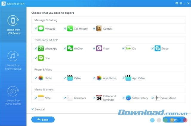 Lựa chọn những thứ cần xuất bằng ứng dụng iMyFone D-Port cho máy tính