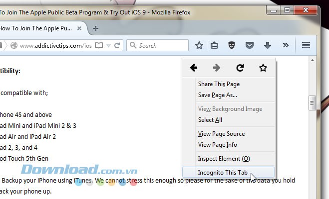 Click chuột phải để chọn Incognito This Tab