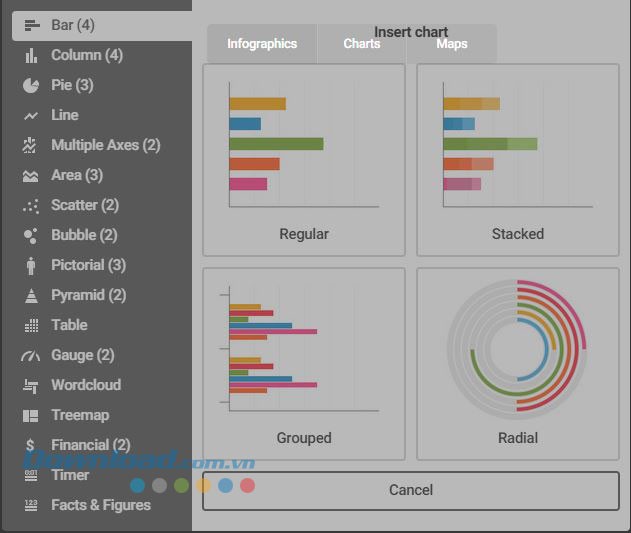 Infogr.am hỗ trợ hơn 30 loại bảng biểu khác nhau