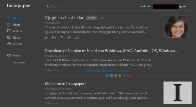 Giao diện Instapaper