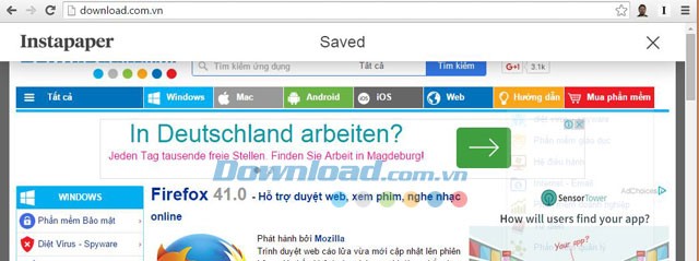 Thông báo đã lưu nội dung web