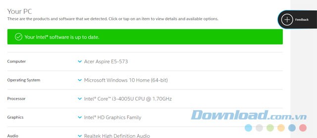 Giao diện Intel Driver & Support Assistant