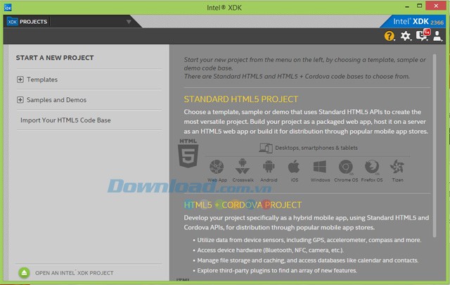 Giao diện của Intel XDK