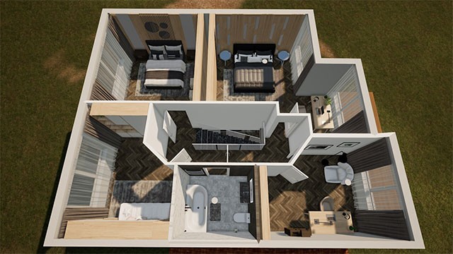 Xây dựng bản vẽ 3D với bố cục, đồ nội thất và phong cách cụ thể