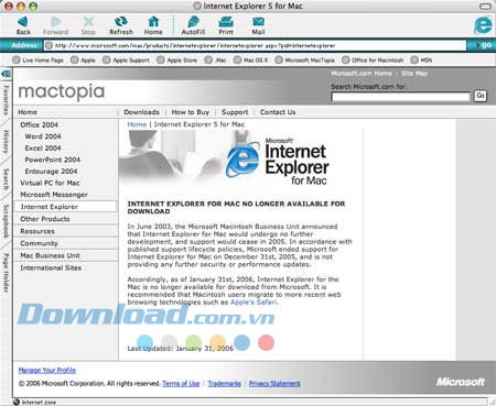 Giao diện chính của Internet Explorer cho Mac