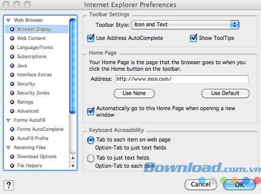 Tùy chọn cài đặt trong Internet Explorer