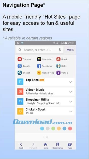 Internet for Samsung Galaxy tích hợp trang điều hướng thông minh
