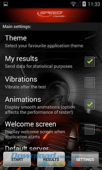 Các cài đặt của Internet Speed Test