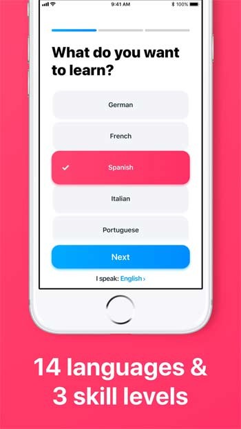 iTranslate Lingo có 14 ngôn ngữ và 3 mức độ kỹ năng