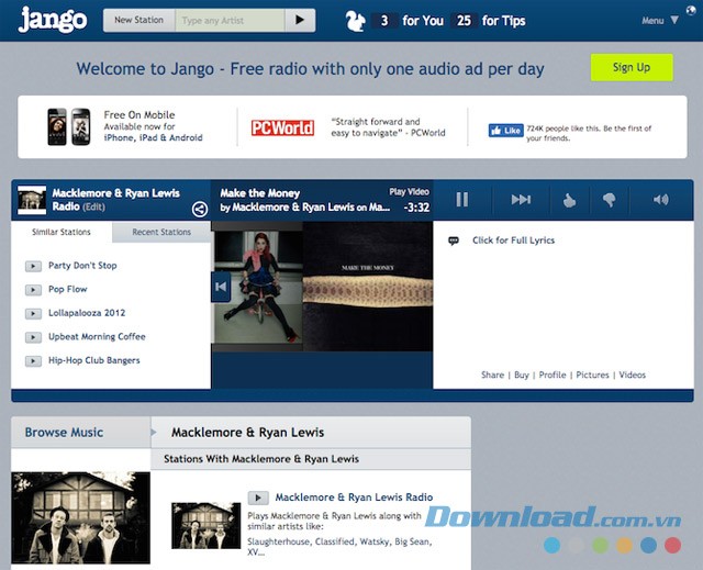 Giao diện chính của trang web nghe nhạc trực tuyến Jango