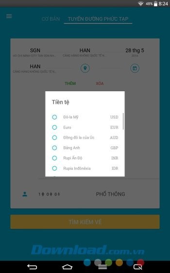 Lựa chọn tiền tệ trên Jetradar