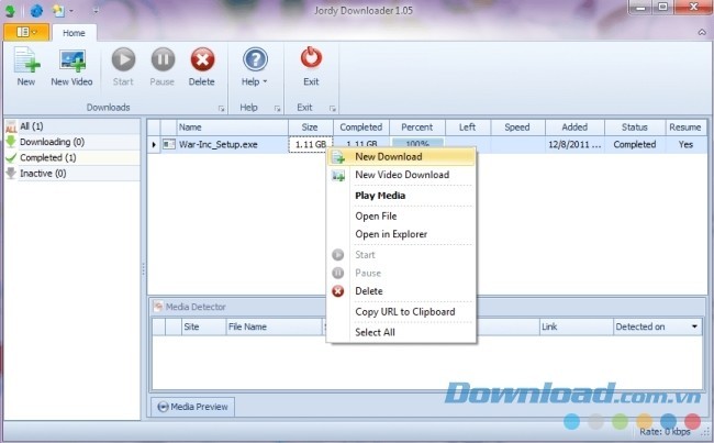 Giao diện làm việc chính của Jordy Downloader