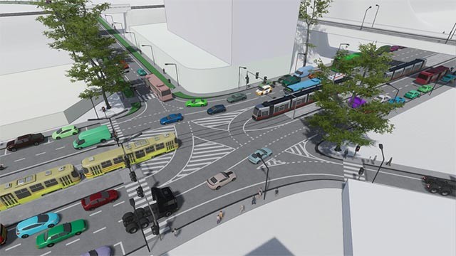 Hoàn thiện giao lộ bằng cảnh quan như cây xanh, hồ nước bên cạnh hệ thống đèn giao thông và rào chắn