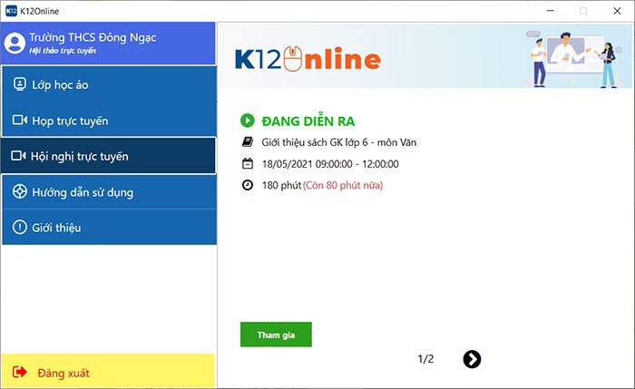 Giao diện Hội nghị trực tuyến trên K12Online
