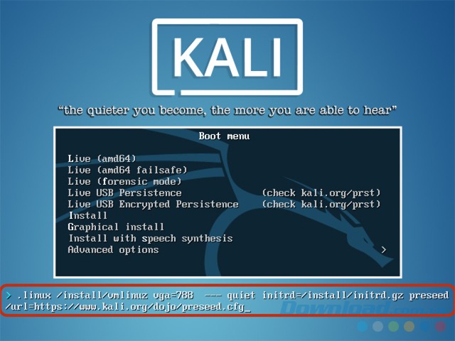 Menu khởi động của hệ điều hành Kali Linux