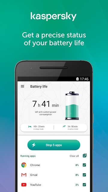 Giao diện Kaspersky Battery Life cho Android
