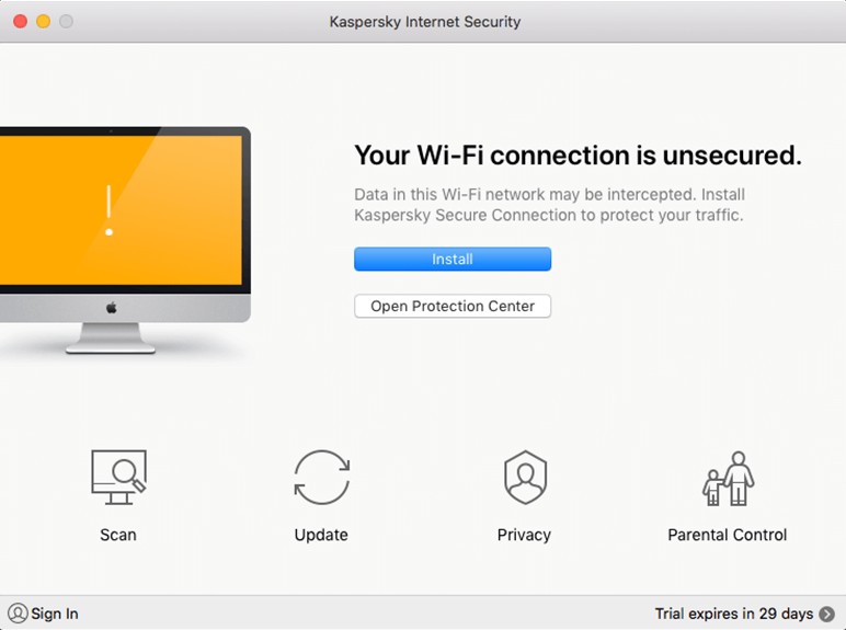 Cảnh báo kết nối Wifi không được bảo mật của Kaspersky Internet Security for Mac