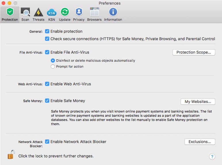 Các thiết lập chi tiết trên Kaspersky Internet Security for Mac