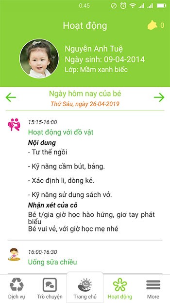 Theo dõi hoạt động của bé hàng ngày