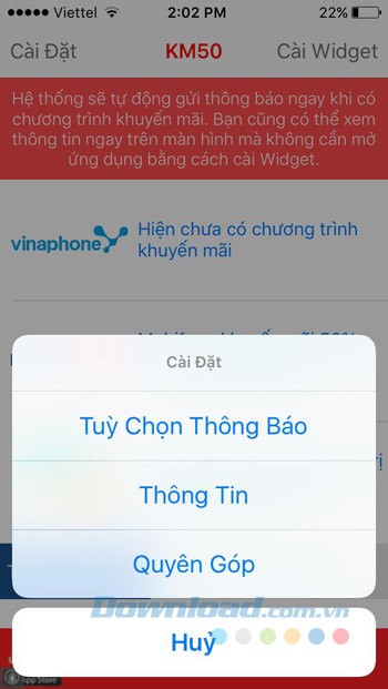 Giao diện cài đặt KM50