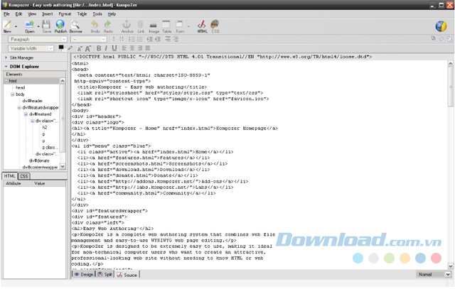 Giao diện chính của KompoZer