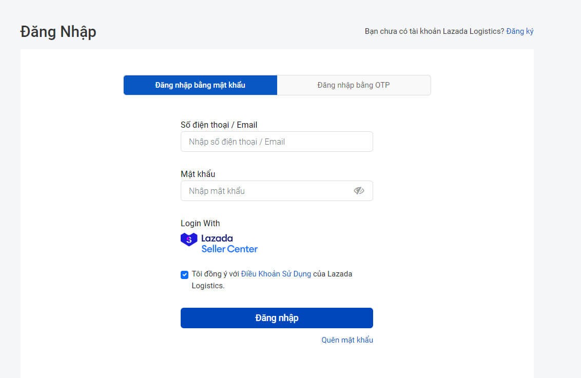 Giao diện đăng nhập tài khoản Lazada Logistics