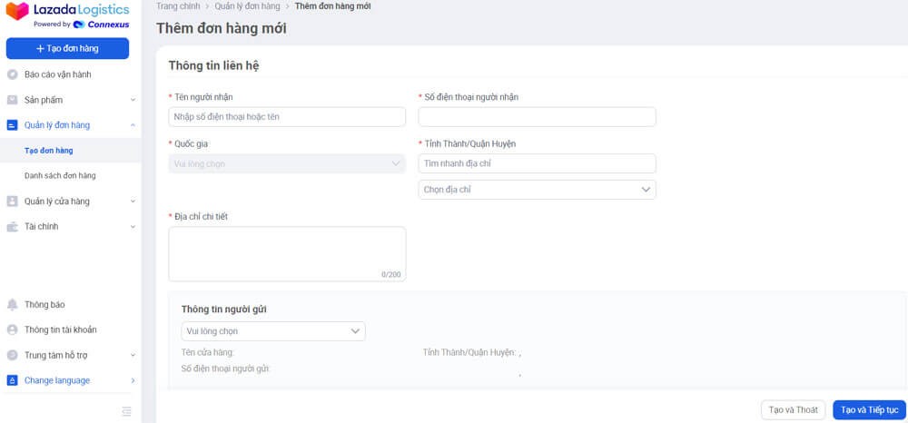 Tạo đơn hàng mới trên Lazada Logistics
