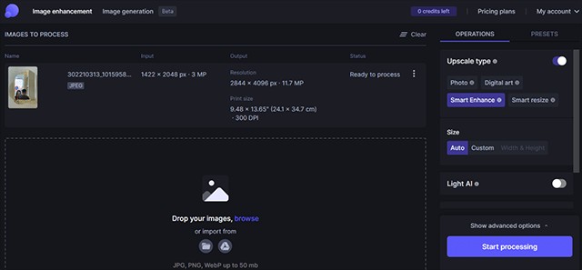 Giao diện làm nét ảnh trực quan, dễ sử dụng của letsenhance.io