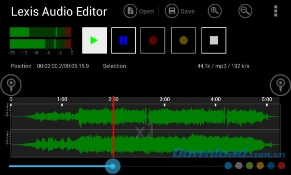 Lexis Audio Editor cho Android hiển thị các chức năng cơ bản phía trên màn hình