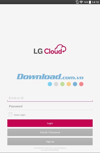 Giao diện đăng nhập dịch vụ LG Cloud cho Android