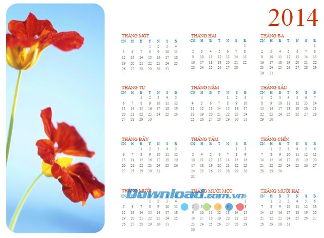 Lịch ảnh năm Chủ nhật - thứ Bảy năm 2014