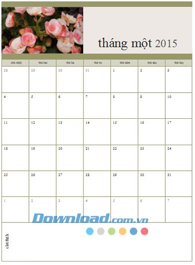 Lịch ảnh tháng Chủ Nhật-Thứ Bảy năm 2015
