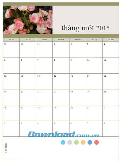 Lịch ảnh tháng Thứ Hai-Chủ Nhật năm 2015