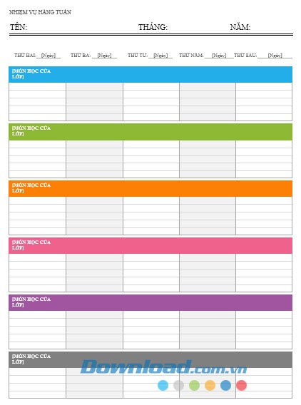 Lịch bài tập hàng tuần