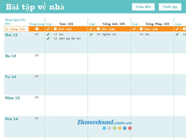 Lịch biểu bài tập về nhà