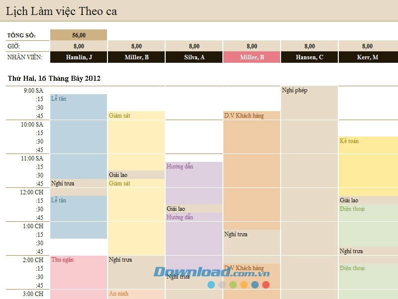 Lịch ca làm việc của nhân viên