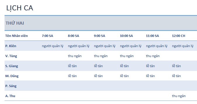 Lịch ca hàng tuần của nhân viên