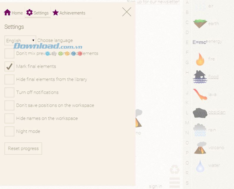 Các cài đặt trong Little Alchemy