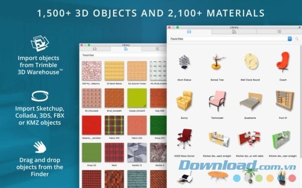 Live Home 3D Pro cho Mac cung cấp các đối tượng hỗ trợ thiết kế nhà ở tuyệt vời