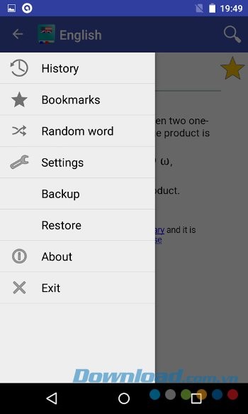 Menu ứng dụng Livio English Dictionary