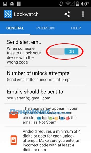 Giao diện ứng dụng Lockwatch khi được kích hoạt